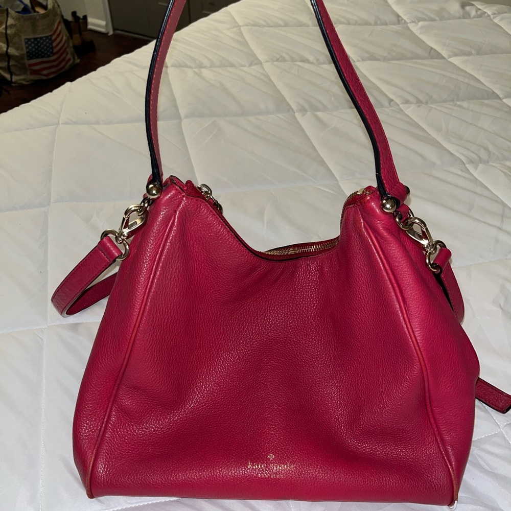 Kate Spade Red Berry Pebbled Leather Medium Shoulder Handbag with Long Strap